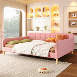 English Elm Queen Upholstered Daybed with Tufted High Sideboard, Linen Finish, Solid Wood Frame, 800lb Capacity Pink N7500001850H