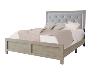 English Elm 1pc Modern Queen Panel Bed with LED Headboard, Faux Leather Upholstery, Button-Tufted Elegant Design Beige 82.3 L x 28 W x 10 H B011P244366