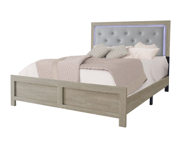 English Elm 1pc Modern Queen Panel Bed with LED Headboard, Faux Leather Upholstery, Button-Tufted Elegant Design Beige 82.3 L x 28 W x 10 H B011P244366