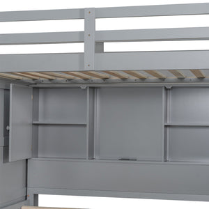 English Elm Twin Over Full Bunk Bed with Wardrobe Storage Stairs Shelves and Usb Charging Gray LT000292AAE