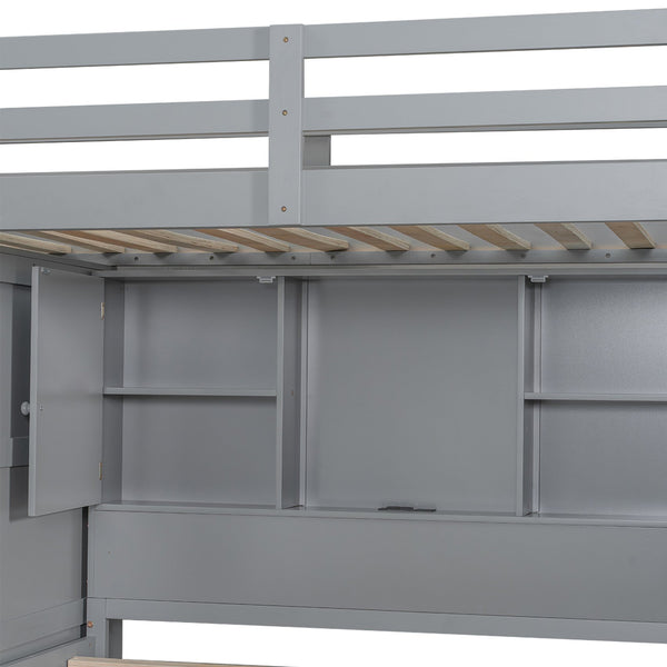 English Elm Twin Over Full Bunk Bed with Wardrobe Storage Stairs Shelves and Usb Charging Gray LT000292AAE