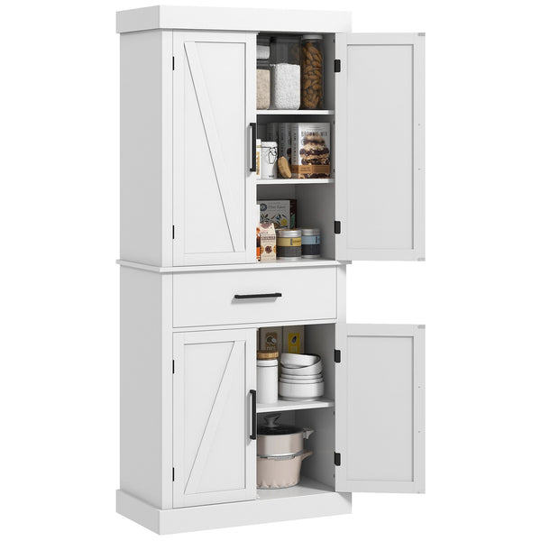 English Elm Homcom 72" Tall Kitchen Pantry Cabinet With Farmhouse Style, 4 Barn Doors, Adjustable Shelves & Drawer W2225P229637