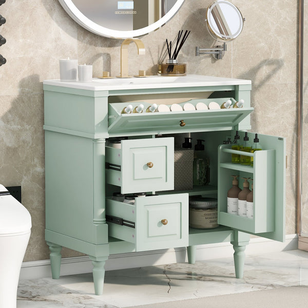English Elm 30" Freestanding Bathroom Vanity Rubberwood Frame Ceramic Sink Flip Drawer Storage Green N725P356062F