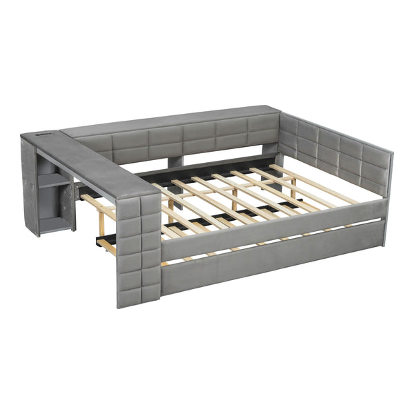 English Elm Full Size Upholstered Platform Bed With Trundle, Charging Station, And Smart Storage In Gray Velvet N7090000604E