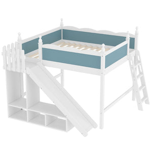 English Elm Queen Loft Bed With Storage Shelves, Fun Detachable Slide, Solid Wood Design, Blue & White Finish W1580S00249-GIGA
