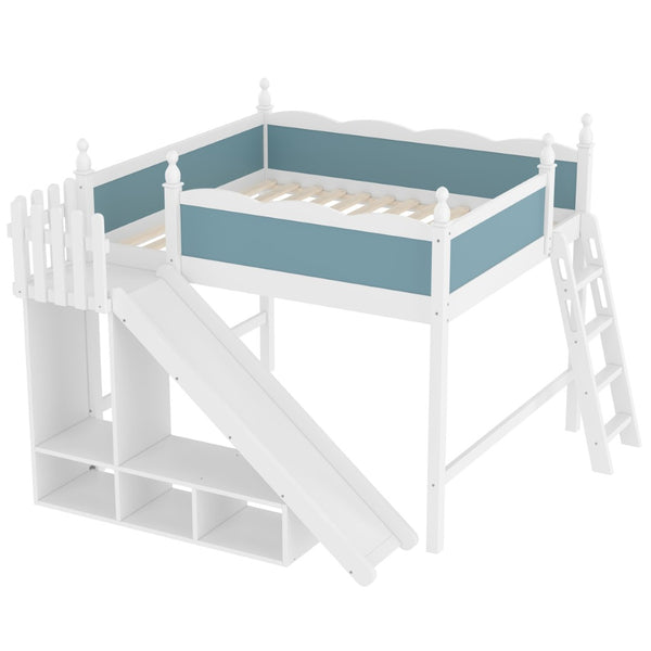 English Elm Queen Loft Bed With Storage Shelves, Fun Detachable Slide, Solid Wood Design, Blue & White Finish W1580S00249-GIGA