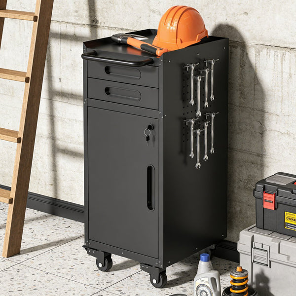English Elm 34.3" Slim Steel Rolling Tool Cabinet with Locking Door Two Drawers for Garage W2735P428818