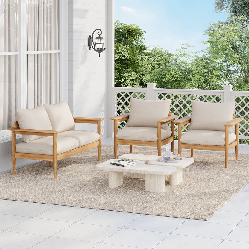 English Elm Terassi Solid Acacia Wood Outdoor Chat Set with Cushioned Club Chairs and Sofa TERASSI 3PCS CHAT SET