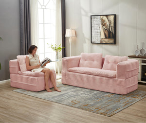 English Elm Multi Purpose Corduroy Sectional with Chaise Converts to King Floor Bed Deep Seat Baby Pink W3219S00008