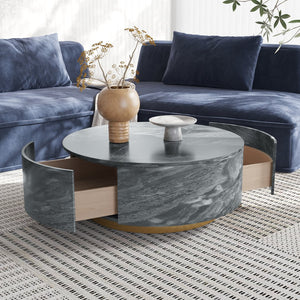 English Elm Tavola Round Coffee Table with Marble Pattern Top and Metal Legs, Two Drawers for Stylish Storage Brown B341P321163
