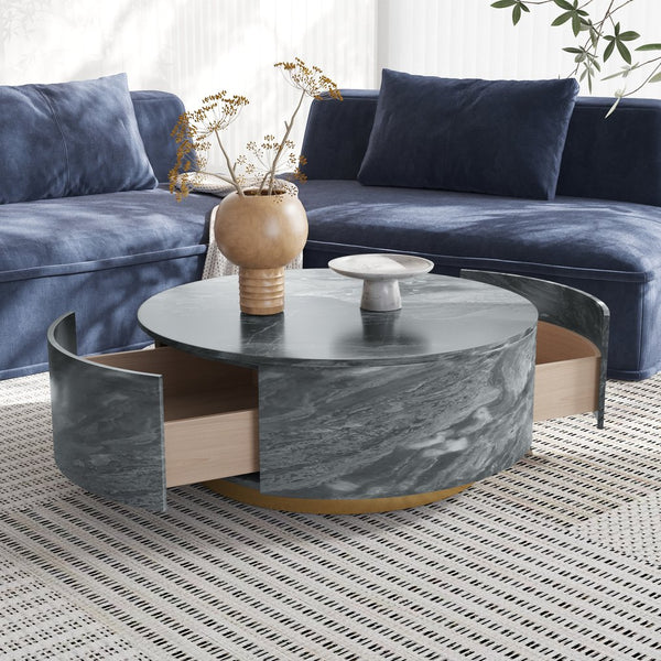 English Elm Tavola Round Coffee Table with Marble Pattern Top and Metal Legs, Two Drawers for Stylish Storage Brown B341P321163