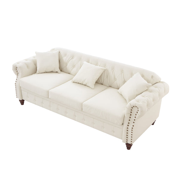English Elm 85.8" Living Room Chesterfield Sofa with Storage Classic Tufted PU Upholstery Solid Wood Frame, 3-Seater Comfort Ivory White W1097S00150