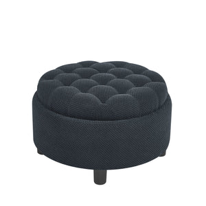 English Elm 25 Inch Round Fabric Pouf Ottoman with Removable Wooden Lid and Hidden Interior Storage Black W5568P461346