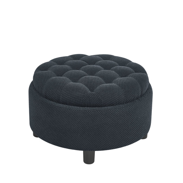 English Elm 25 Inch Round Fabric Pouf Ottoman with Removable Wooden Lid and Hidden Interior Storage Black W5568P461346