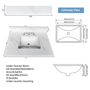English Elm 31-inch Carrara Quartz Vanity Top Undermount Sink Backsplash Stain Resistant Bathroom W2699P459404