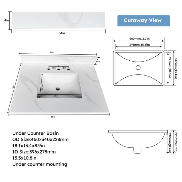 English Elm 31-inch Carrara Quartz Vanity Top Undermount Sink Backsplash Stain Resistant Bathroom W2699P459404