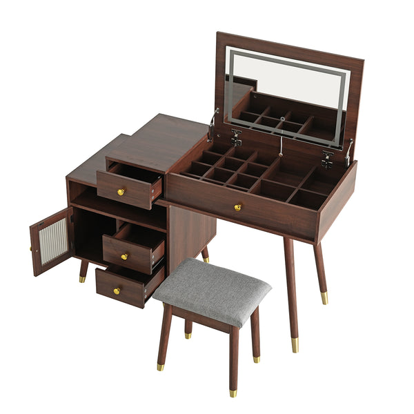 English Elm 3-in-1 Vanity Desk with LED Flip Mirror, Compact Makeup/Dressing Table with Storage Drawers & Stool Walnut N844P291656W