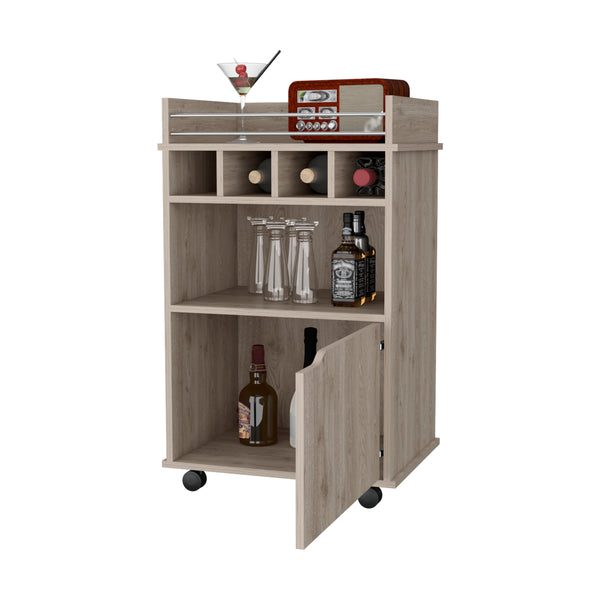 English Elm Fm Furniture Crozier Rolling Bar Cart with Wine Rack Cabinet and Warm Macadamia Finish B128P321058