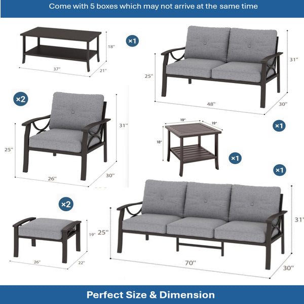 English Elm 8-piece Outdoor Conversation Set 9 Seat Steel Patio Sofa with Thick Cushions Tables Gray B082S00124