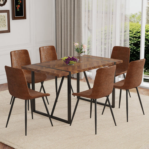 English Elm Table and Chair Set Fishbone Mdf Top with Six Brown Upholstered Seats for Dining W1151S03139