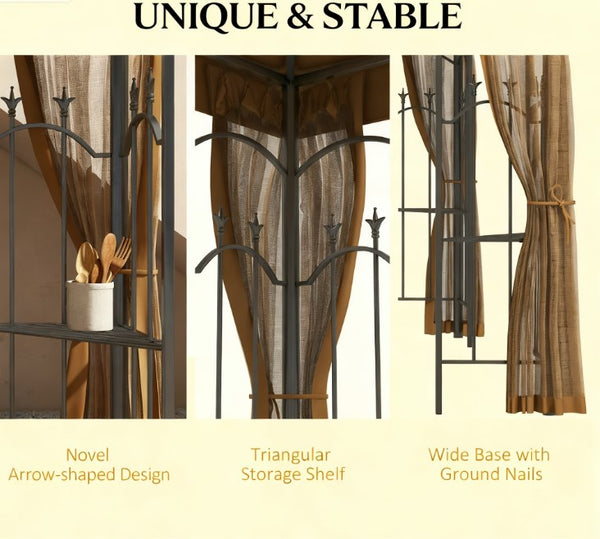 English Elm Outdoor Double Roof Gazebo with Mesh Netting Corner Shelves and Steel Frame T3971P426876