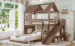 English Elm Twin Over Full Playhouse Bunk Bed with Slide Ladder Storage Shelves and Wardrobe Antique Natural W5305S00041