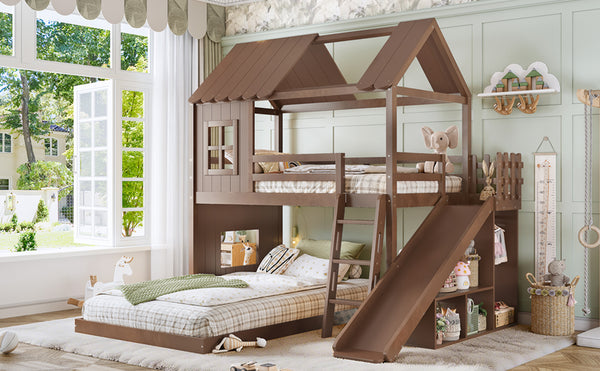 English Elm Twin Over Full Playhouse Bunk Bed with Slide Ladder Storage Shelves and Wardrobe Antique Natural W5305S00041