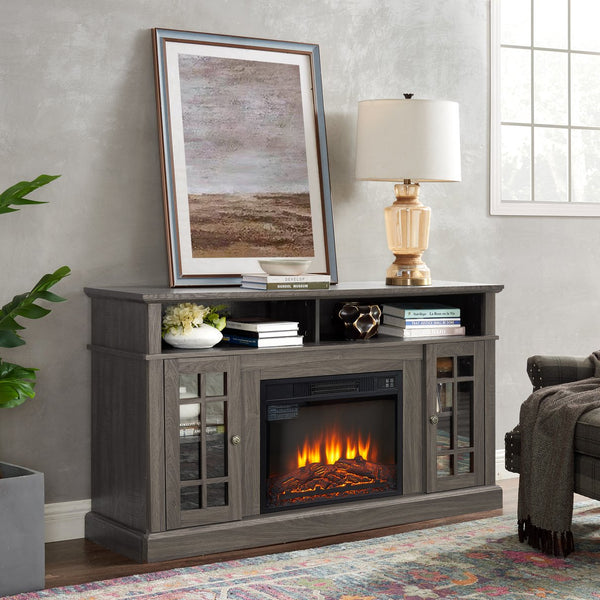 English Elm Classic Fireplace Entertainment Console with Glass Doors and Walnut Finish for Large Tvs W2275S00028
