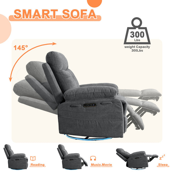 English Elm Power Recliner Glider Chair with Bluetooth Speaker, 270° Swivel, LED Light, USB & Type-C Ports, Storage Pockets, Button Controls W1203P173383