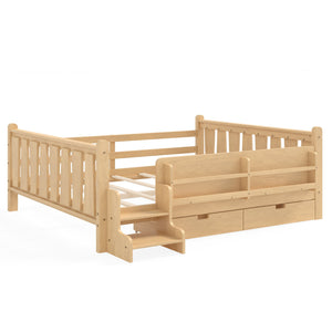 English Elm Queen Bunk Bed with Trundle Solid Pine Kids Car Themed Frame Built-in Bookshelf Light Natural W1580S00544