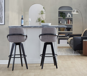 English Elm Fixed-height Swivel Barstools Upholstered Grey Fabric Black Wood Legs Kitchen Set of 2 B202S01892