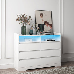 English Elm 6 Drawer Dresser with RGB LED Backlight, White Modern 6-Drawer Chest with Anti-Tip Kit for Bedroom W132166406