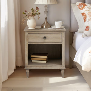 English Elm Victoria Nightstand — French Country Wire-Brushed Birch Veneer, Antique Silver Pulls, Glide Drawer, Shelf B03548937