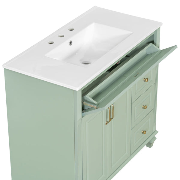 English Elm 36" Forest Green Rubberwood Bathroom Vanity with Ceramic Sink and Golden Hardware N725P356069F