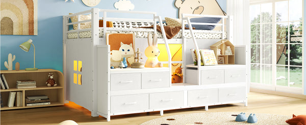 English Elm Twin Low Loft Bed with Shelves Fabric Drawers and Under Bed Study Nook Metal Frame Light White W5305S00042