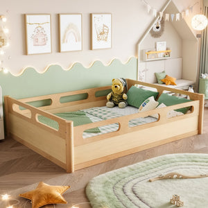 English Elm Twin Low Profile Floor Bed with Guardrails Pine Wood Frame Minimalist Bedroom Natural W1580P438793