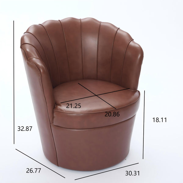 English Elm Brown Petal Swivel Chair - 360° Metal Base, Top-Grain Leather Wingback, Fluted Curved Accent Seat for Home Office Comfort and Style W570P375742