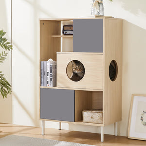 English Elm 2 Modern Cat Tree & Side Cabinet with Litter Box Enclosure, Stylish Wood Bookcase with Hidden Storage, Natural/Grey Elegance N843P254701N