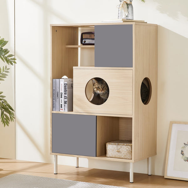 English Elm 2 Modern Cat Tree & Side Cabinet with Litter Box Enclosure, Stylish Wood Bookcase with Hidden Storage, Natural/Grey Elegance N843P254701N