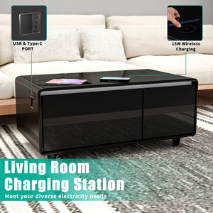 English Elm Modern Smart Coffee Table With Fridge, Bluetooth Speaker, Wireless Charging & Touch Controls, Black W1172P175395