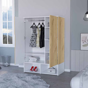 English Elm Rose Double Door Armoire with Hanging Rod, 7 Shelves, Multicolor Particle Board, Space-Saving Storage B128S00114