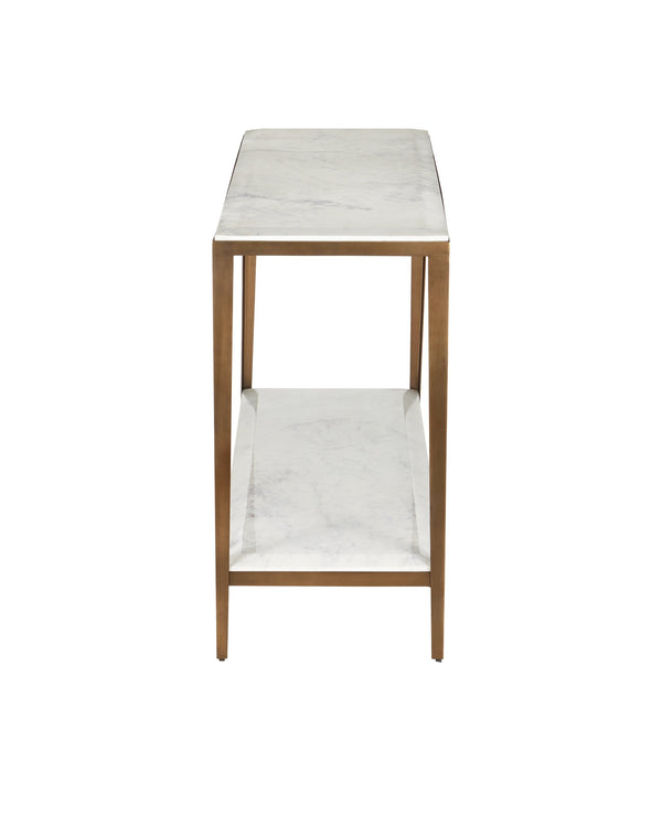 Currey & Company Oblique Marble Console Table – Elegant Antique Brass Frame With Floating White Lilac Marble Top White White Lilac Marble ,Iron ,Engineered Wood 4000-0238-currey-company