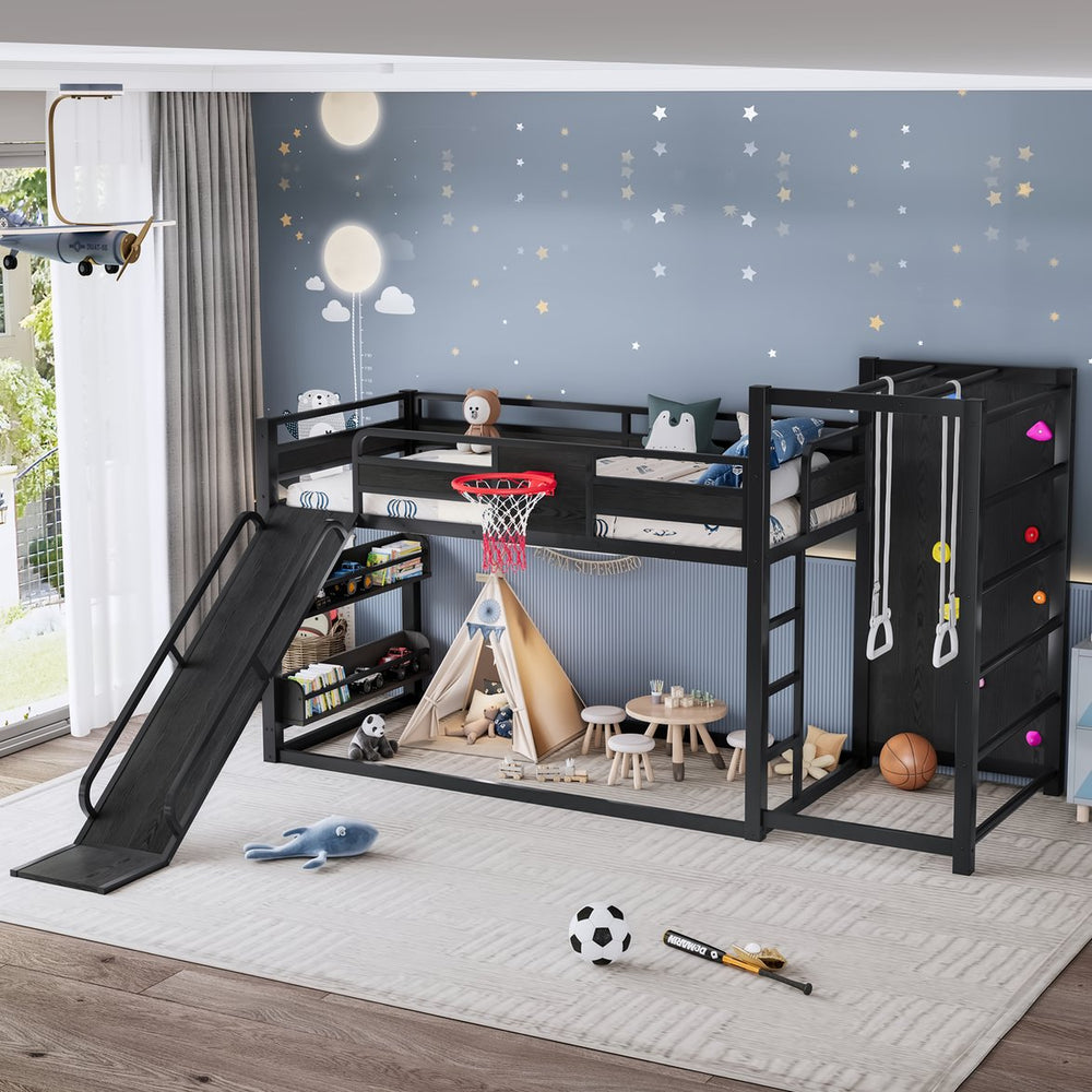 English Elm Twin Xl Metal Loft Bed with Climbing Wall Slide Basketball Hoop and Bookshelves W1580S00588