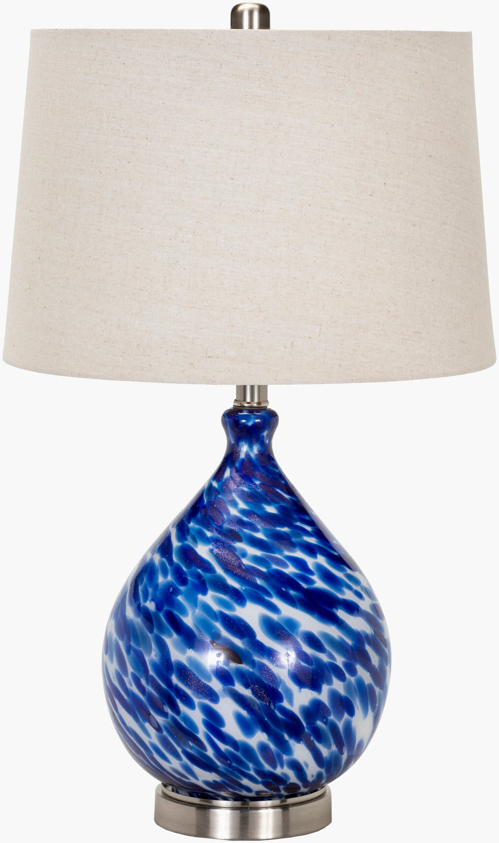 Surya Cascais Elegant 25" Accent Table Lamp With Glass & Metal Design - Perfect For Any Room Decor! Body, Blue,Base, Metallic ,Nickel,Shade (Outside), Beige,Shade (Inside), White,Finial, Metallic ,Nickel,Harp, Metallic ,Nickel,Cord, Translucent Glass,Iron,Linen,Polyester,Iron Cca-001