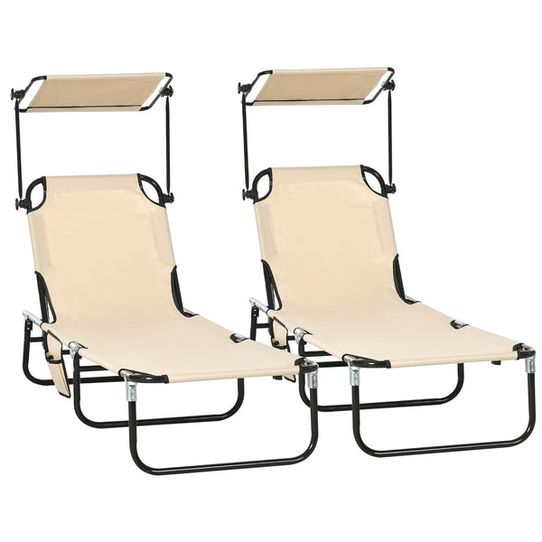 English Elm Outsunny Folding Chaise Lounge Chairs With Canopy Shade - Perfect For Poolside, Beach, Or Patio Relaxation W2225P174363-GIGA