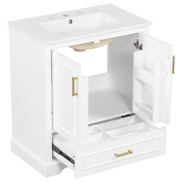English Elm 30" Modern Bathroom Vanity with Ceramic Sink, Soft-Close Doors, Divided Drawer & Dual Door Shelves White N729P321376K