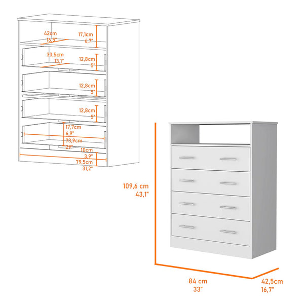 English Elm Lagos Four Drawer Dresser with Spacious Open Shelf and Superior Top, Light Grey Finish, Modern Storage Solution White 47 L x 22 W x 4 H B128S00098