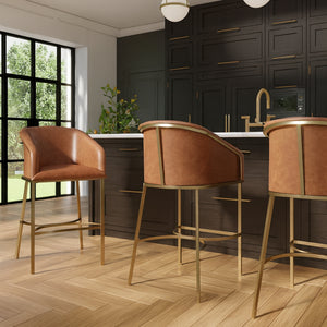 English Elm 31" Barrel Back Barstool Faux Leather Foam Padded Seat Gold Steel Frame for Home Bar Brown Pu B2751P436477