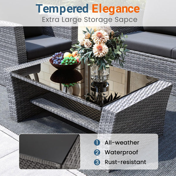 English Elm 4-piece Outdoor Wicker Conversation Set with Tempered Glass Table and Resort Style Black+Brown B082S00058
