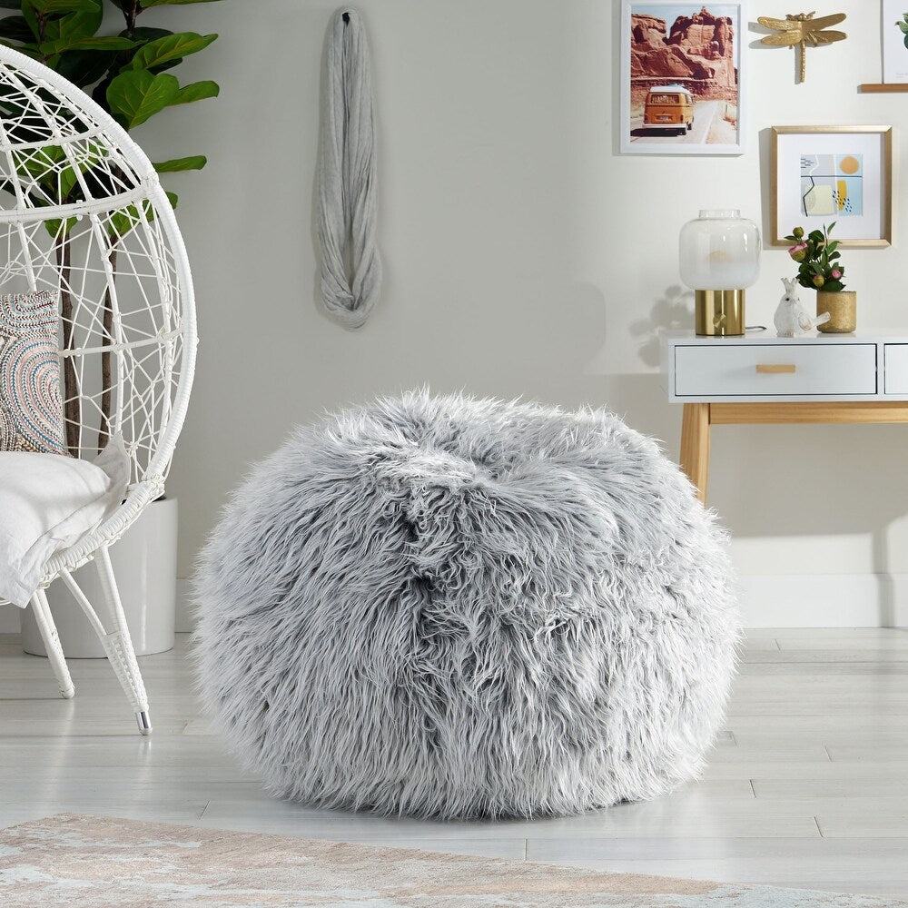 English Elm Christopher Knight Home® - Hawley Silver Gray Faux Fur 3-Foot Bean Bag Chair – Ultra Fluffy Cozy Foam-Filled Lounger, 34" N778P185630S